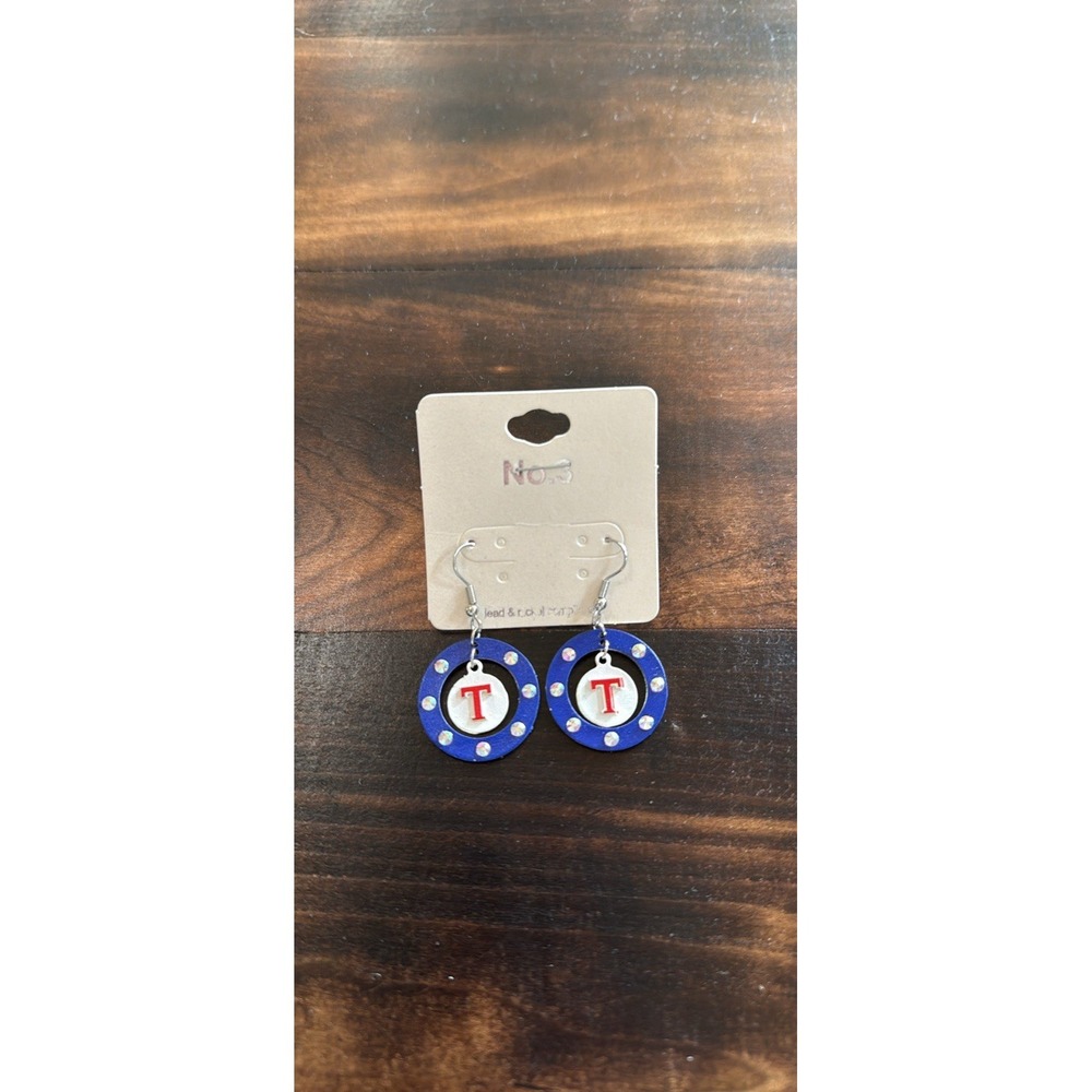 Texas Rangers Style T Earrings Blue Rhinestone Circle Dangle Game Day Jewelry